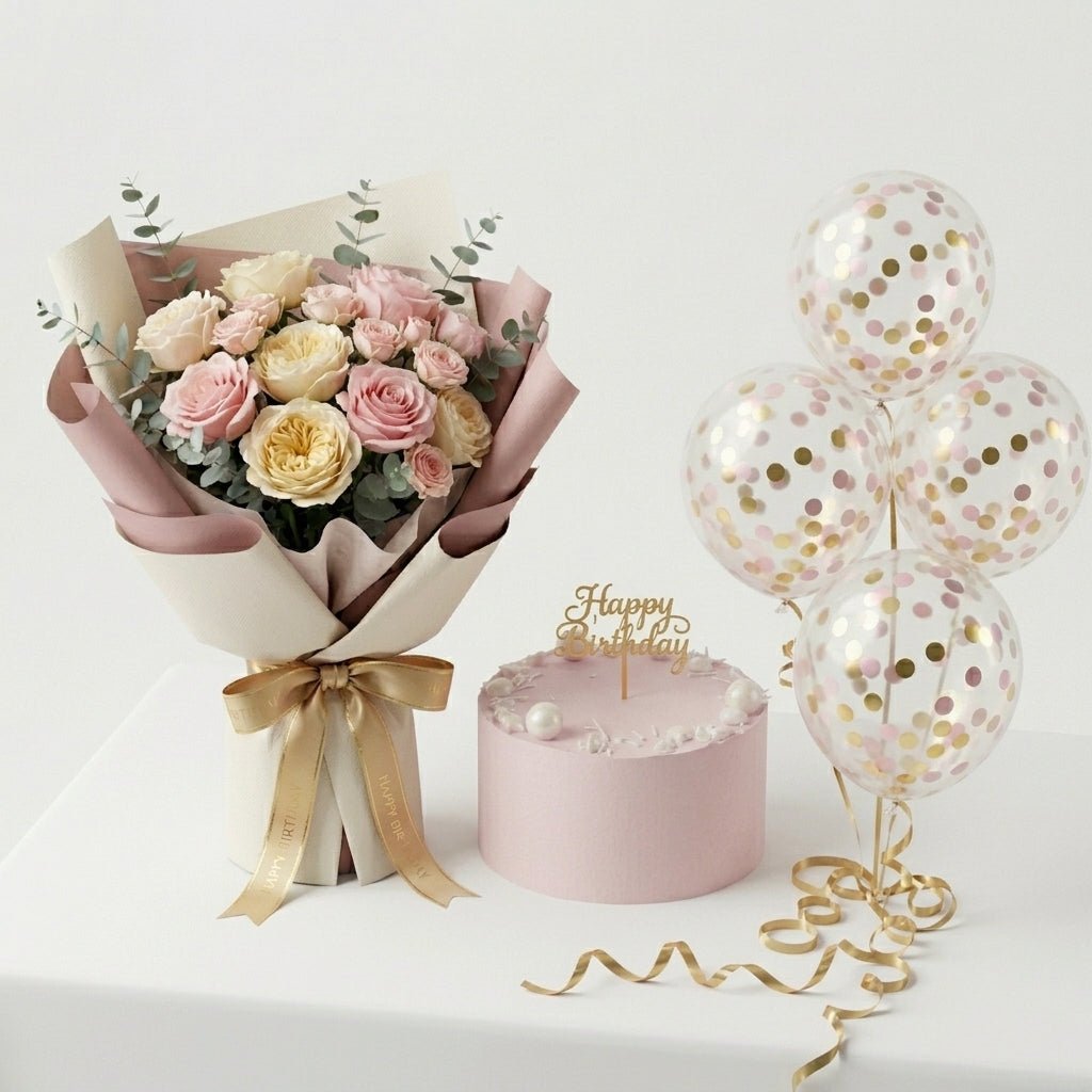 Pink Birthday Cake & Rose Bouquet with Confetti Balloons