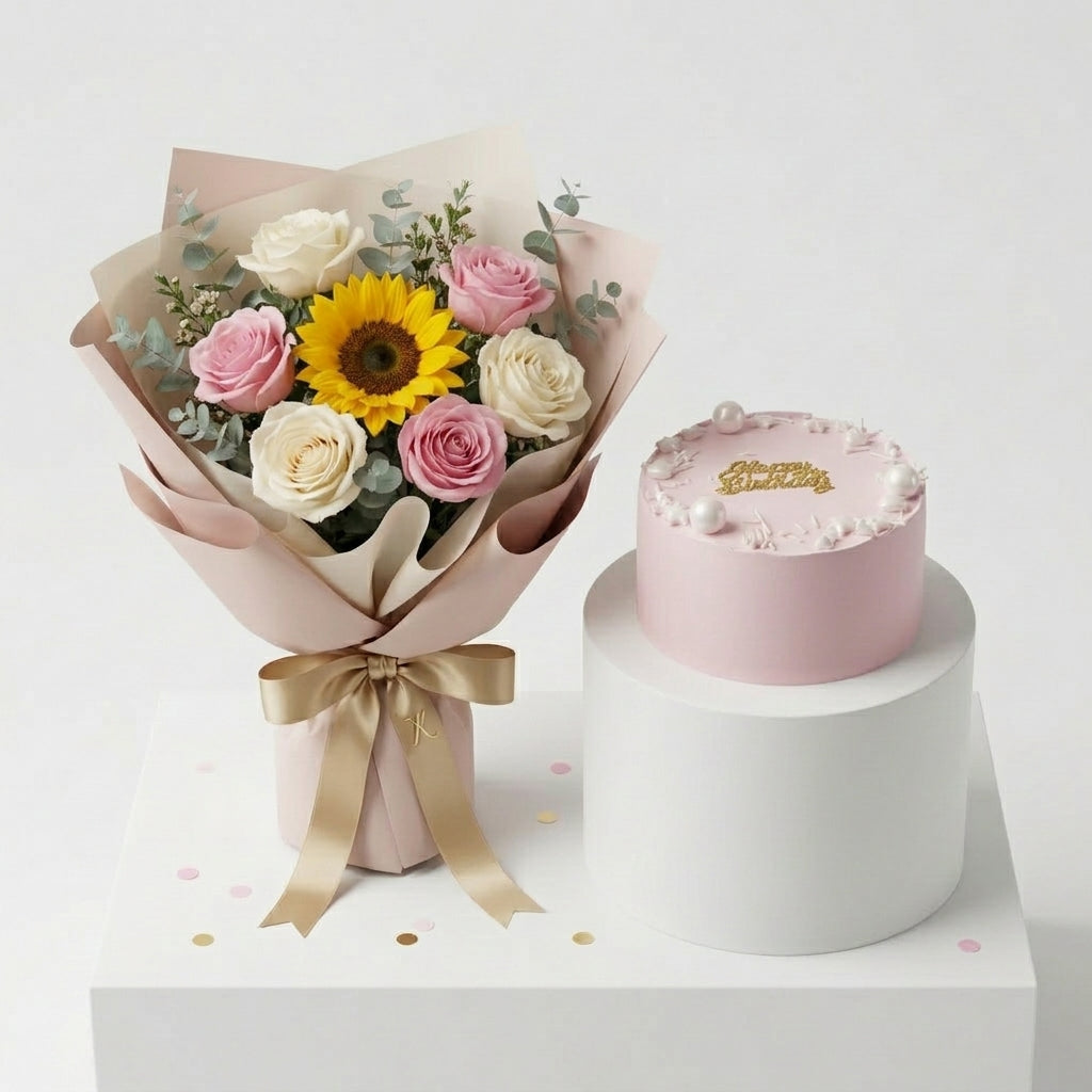 Pink Cake & Sunshine Bouquet Combo