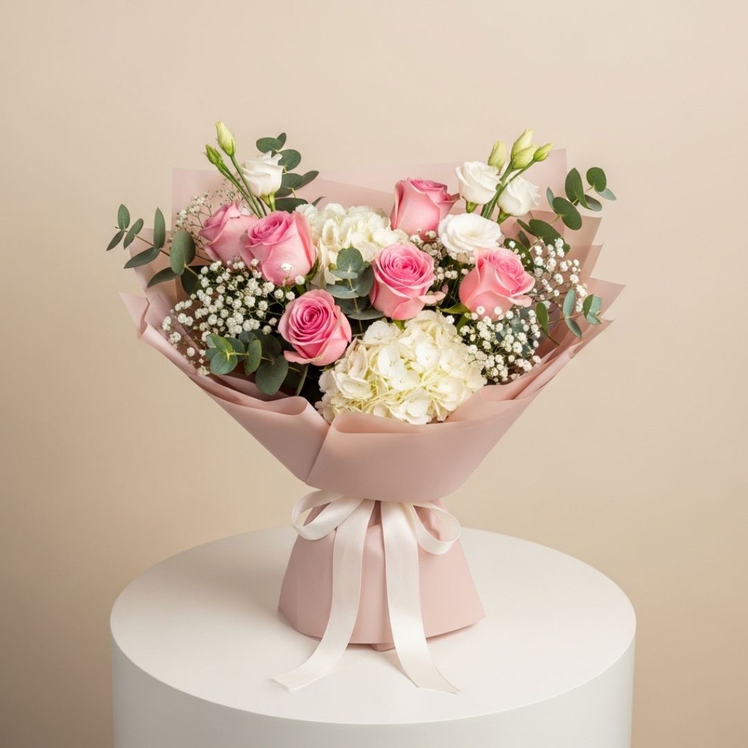 Pink White Roses Hydrangea Bouquet