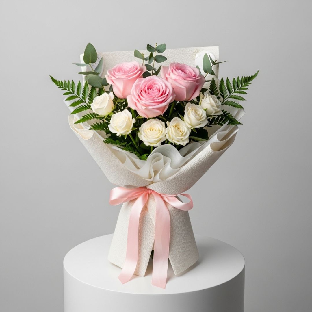 Mother's Day Pink Roses & White Baby Ross Bouquet