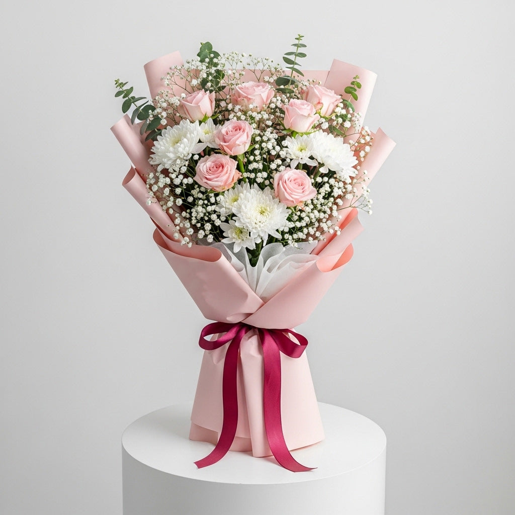 Pink Roses & White Carnations Bouquet