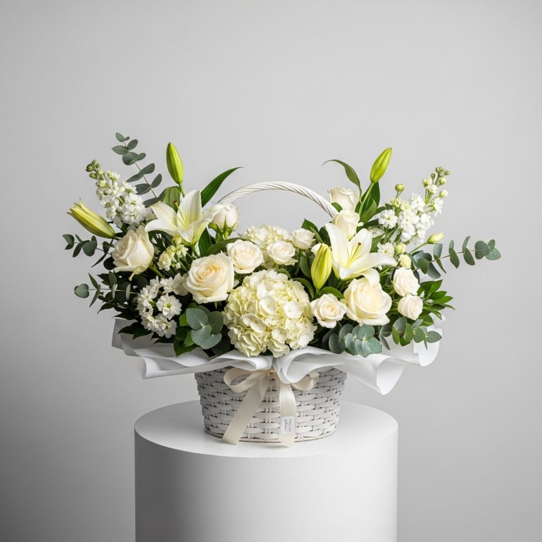 White Roses Lilies Hydrangea Basket