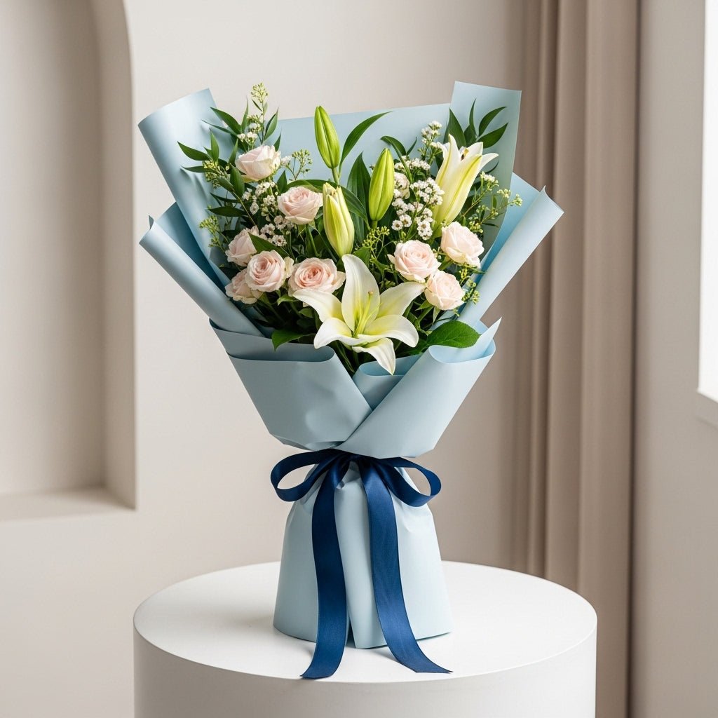 Baby Roses Lilies Elegant Bouquet