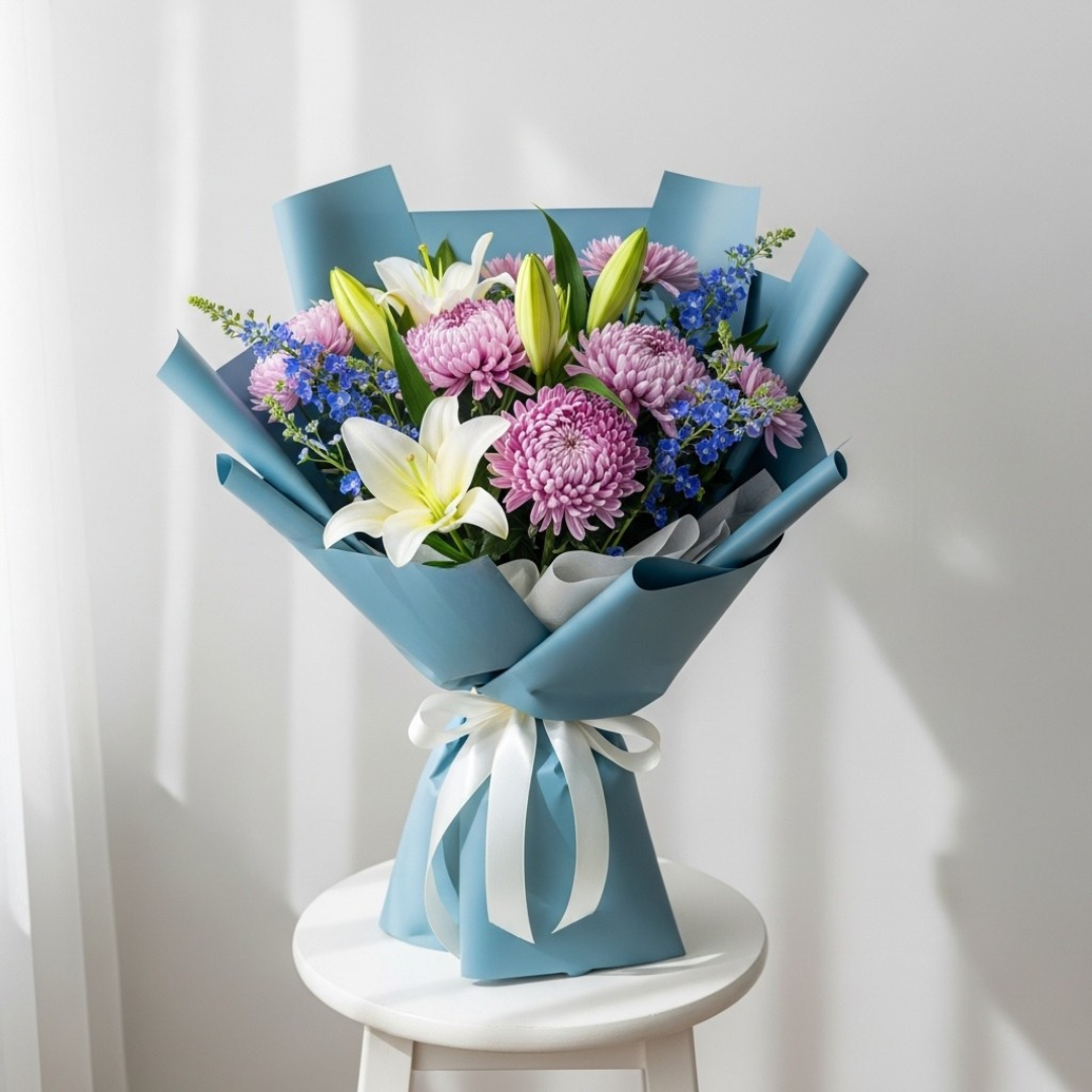 Purple Chrysanthemums White Lilies Bouquet