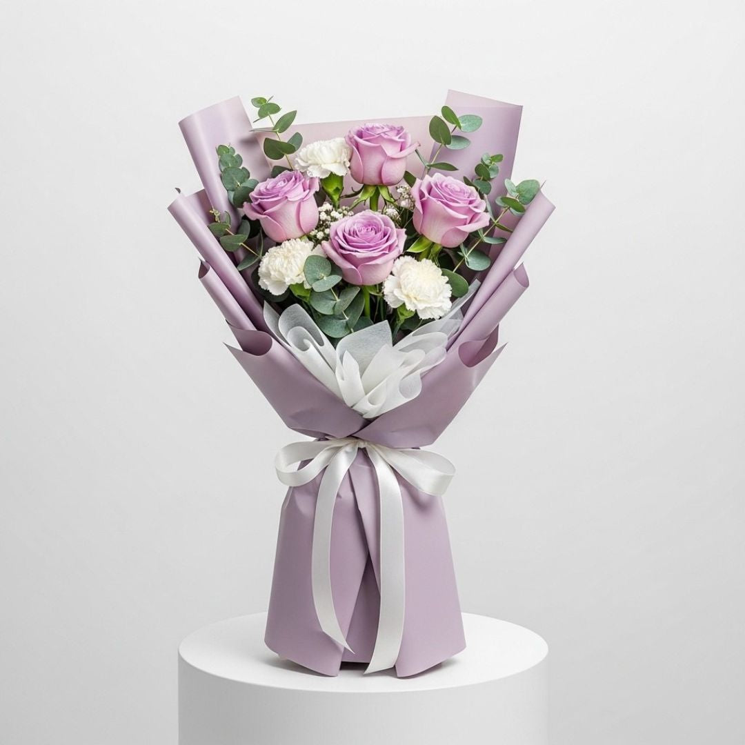 Purple Roses & White Carnations Bouquet