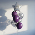 1 silver star balloon 3 purple balloons & 3 confetti balloons