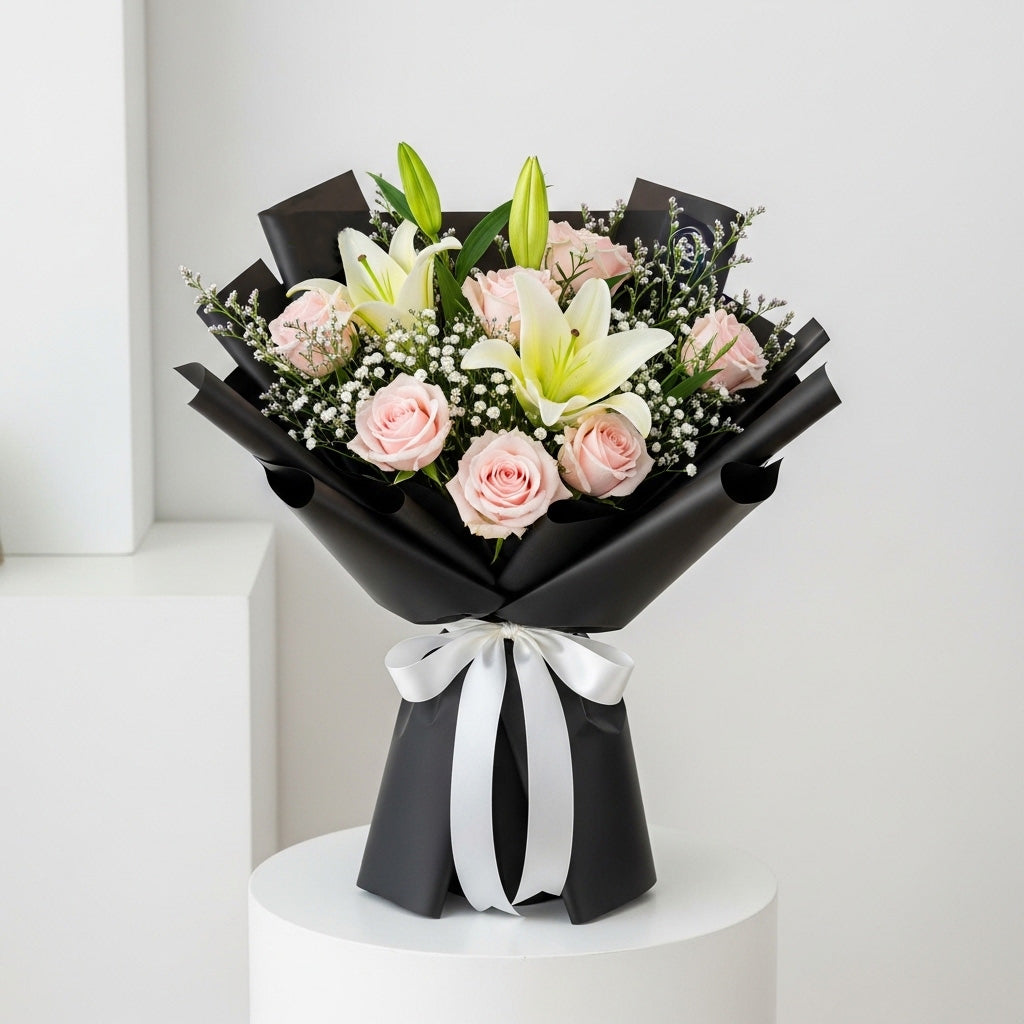Baby Roses White Lilies Bouquet