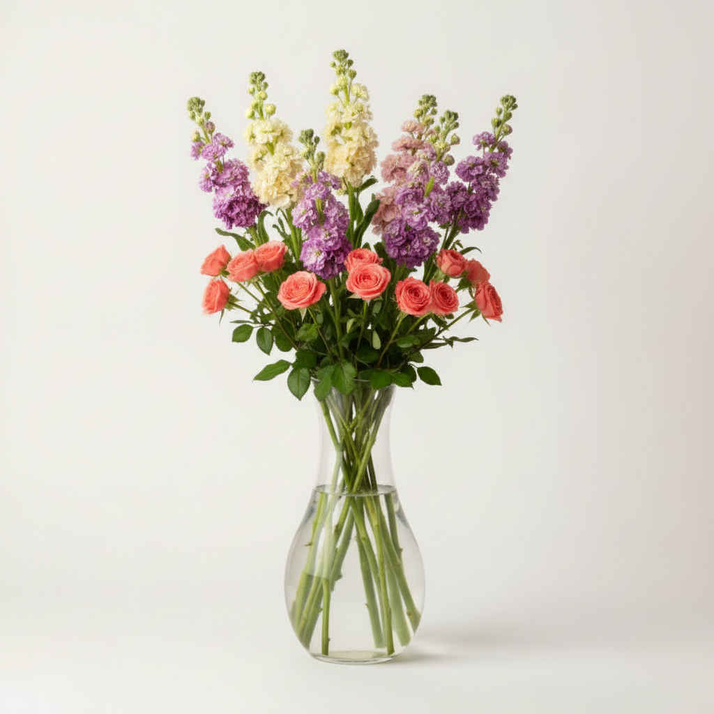 Matthiola Coral Baby Roses Bouquet