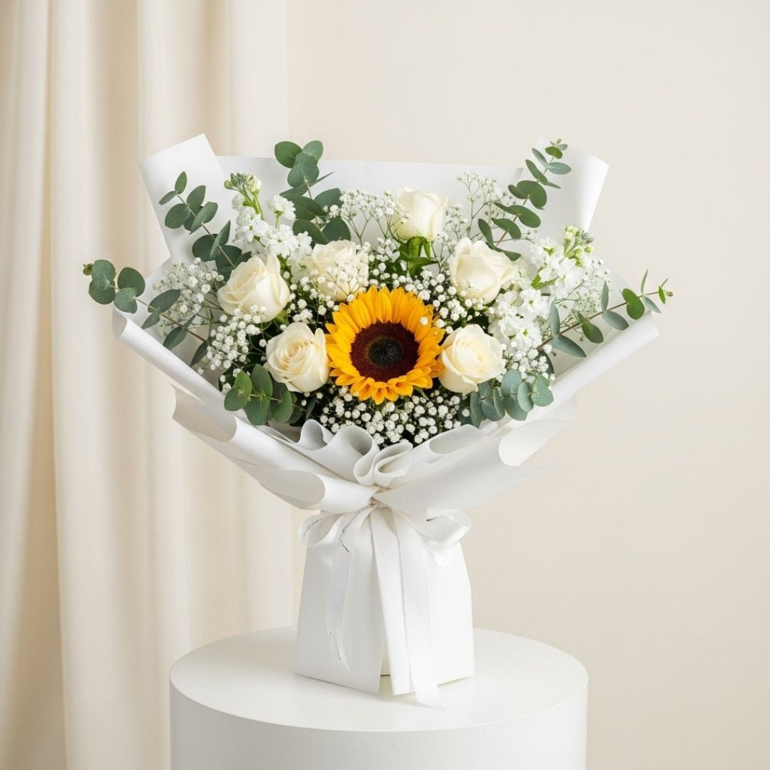 White Roses Sunflower Matthiola Bouquet