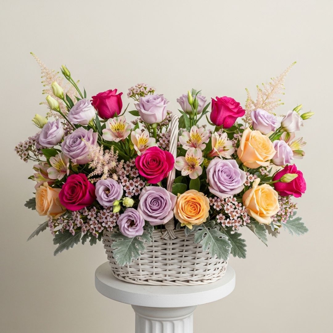 Mixed Roses Carnations Celebration Basket