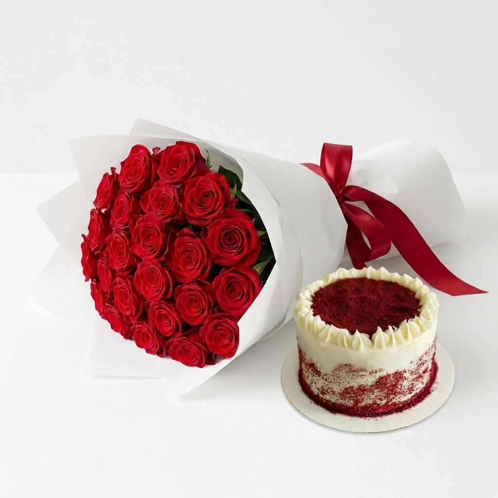 Red Roses with Red Velvet Cake Combo
