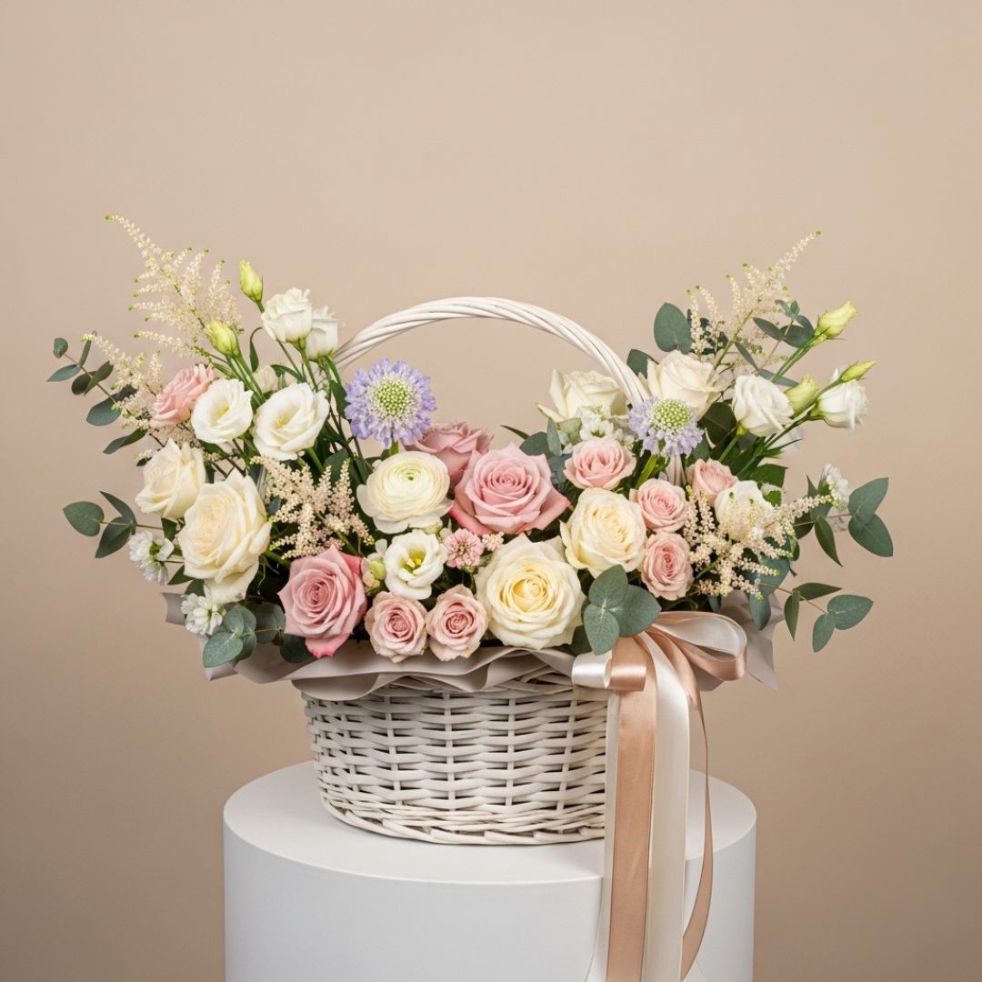 Pink White Roses Baby Basket