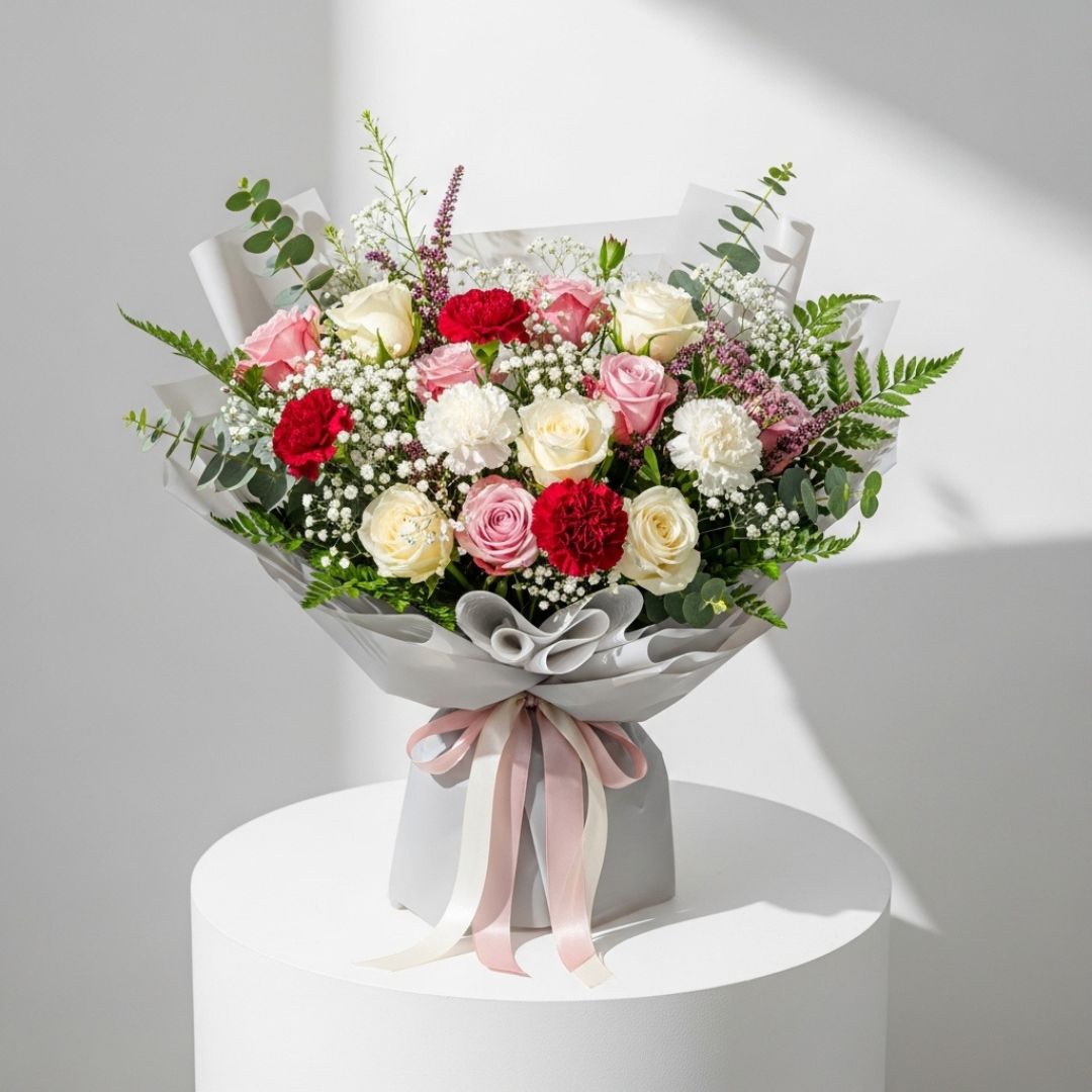 Pink Yellow Roses Carnations Bouquet