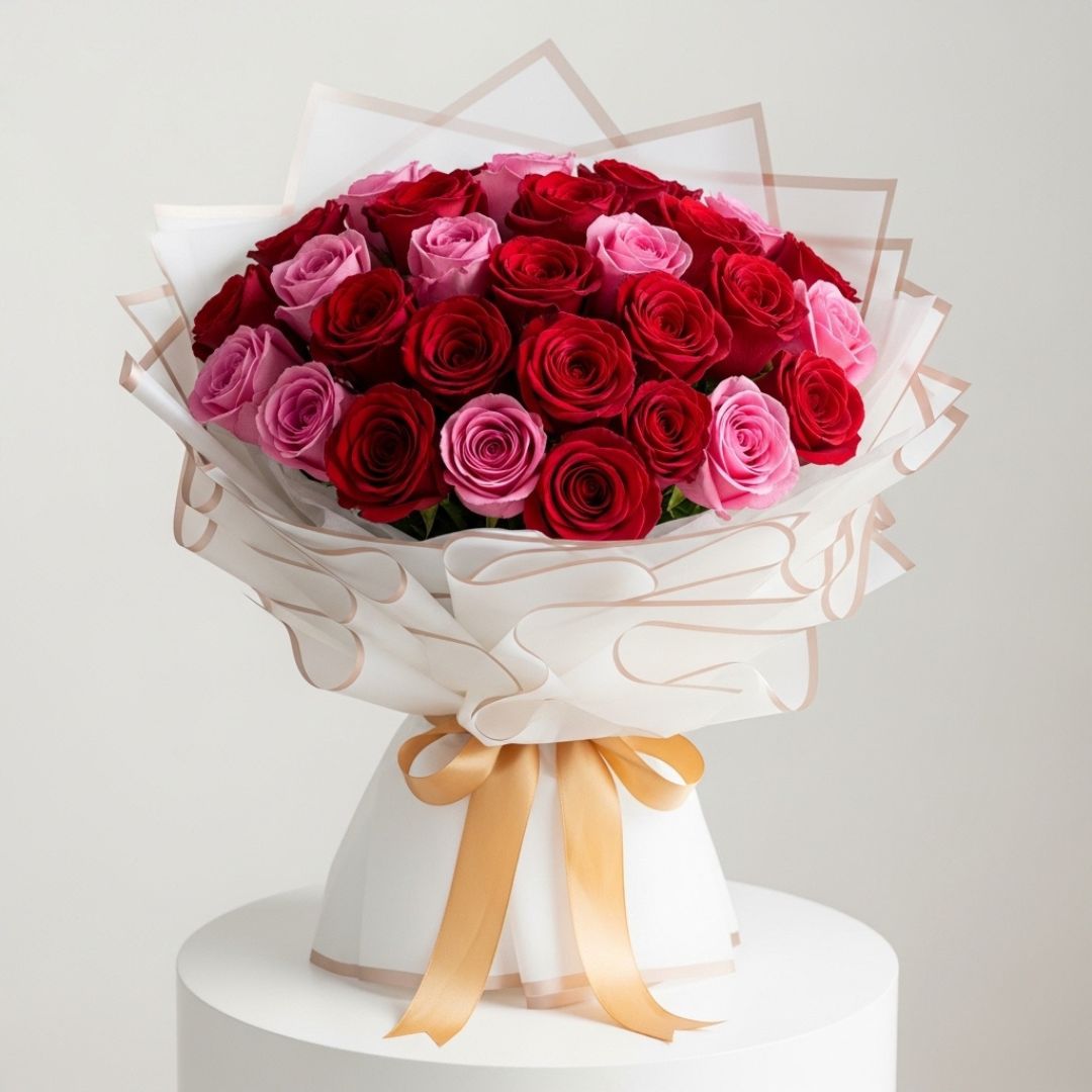 Red Pink Roses Golden Bouquet