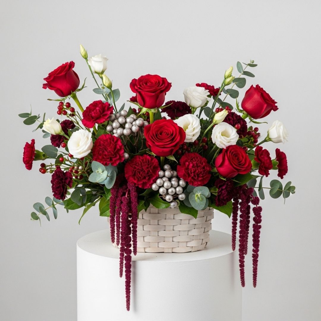 Red Roses Carnations Eustoma Basket