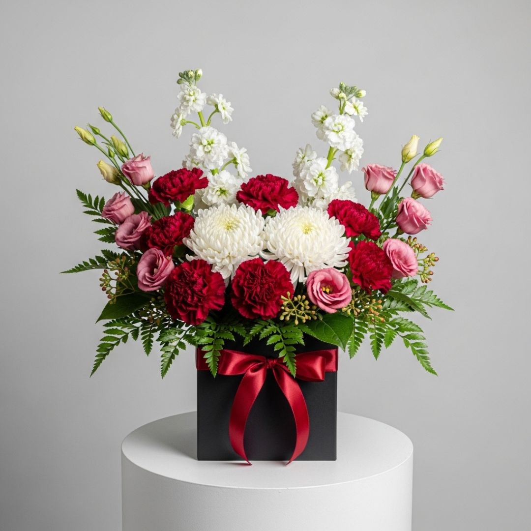 Pink Eustoma Red Carnations Box