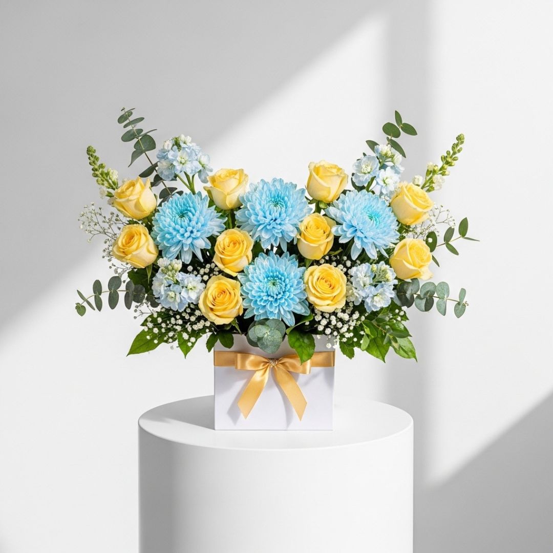 Yellow Roses Blue Chrysanthemums Box