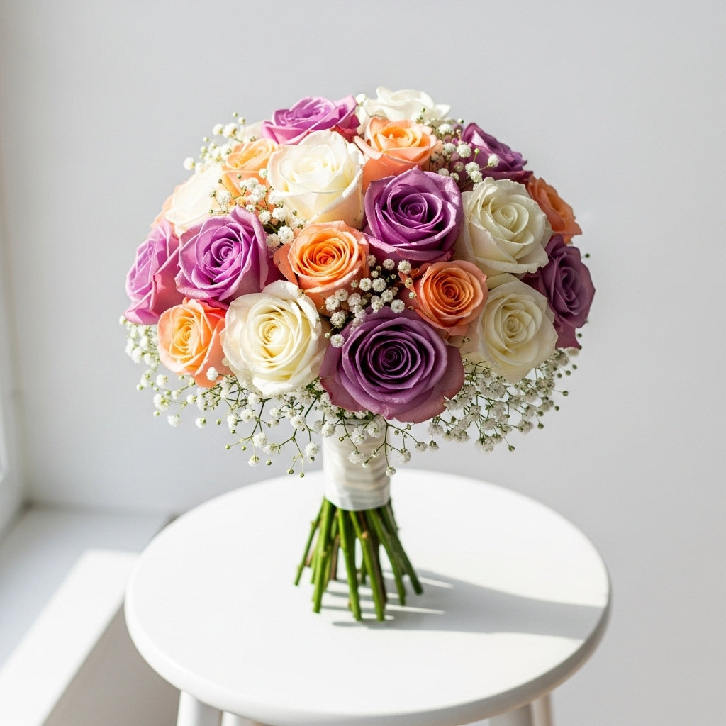 Lavender Peach White Roses Bouquet