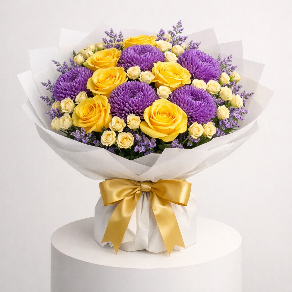 Yellow Roses Purple Chrysanthemum Bouquet