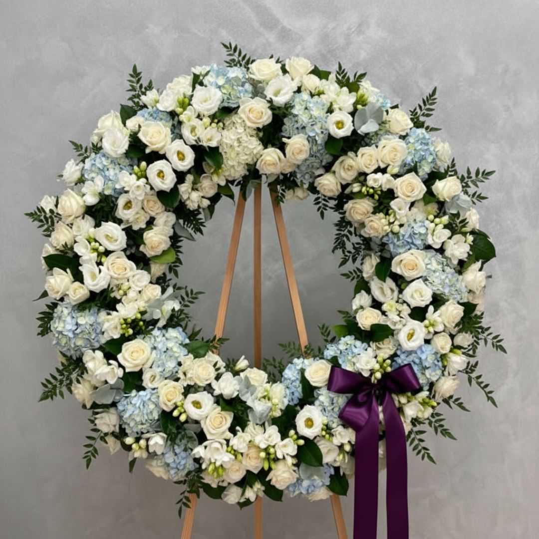 White Roses Blue Hydrangea Wreath