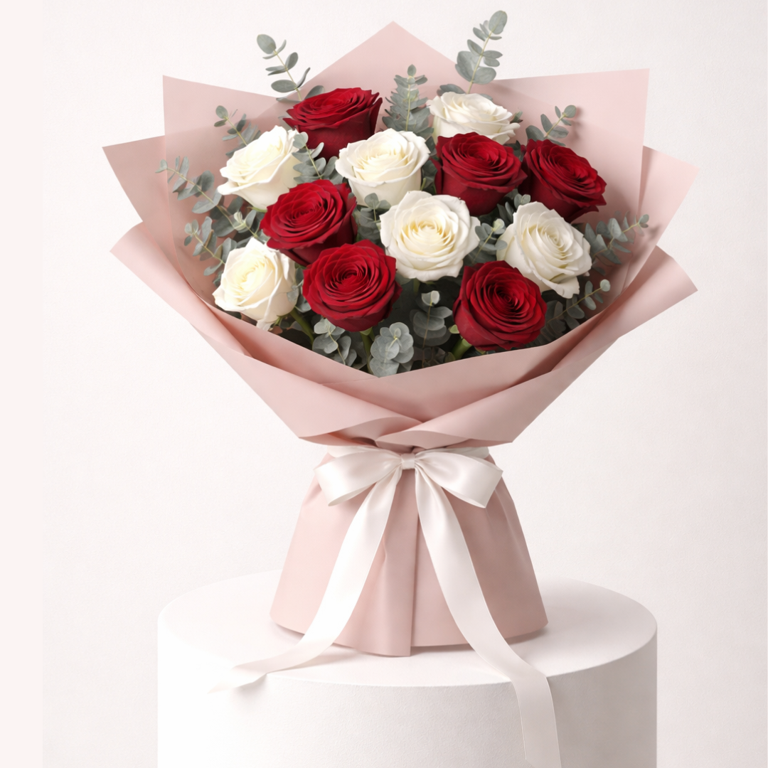 Red White Roses Eucalyptus Bouquet