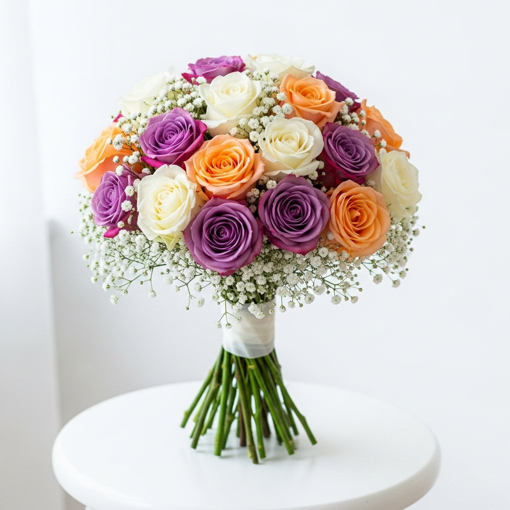 Purple Peach White Roses Bouquet