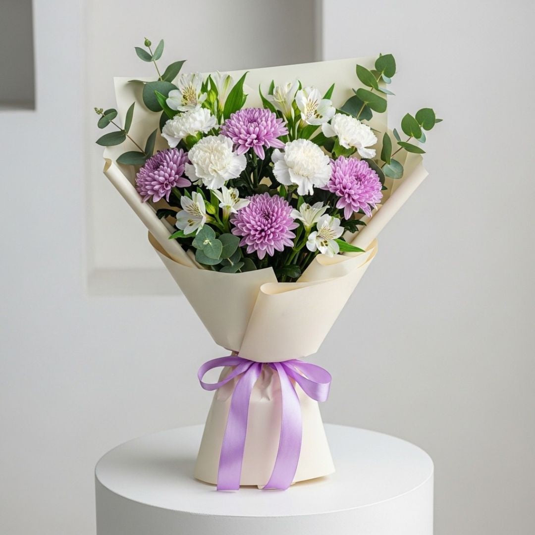 White Carnations & Purple Chrysanthemum Bouquet