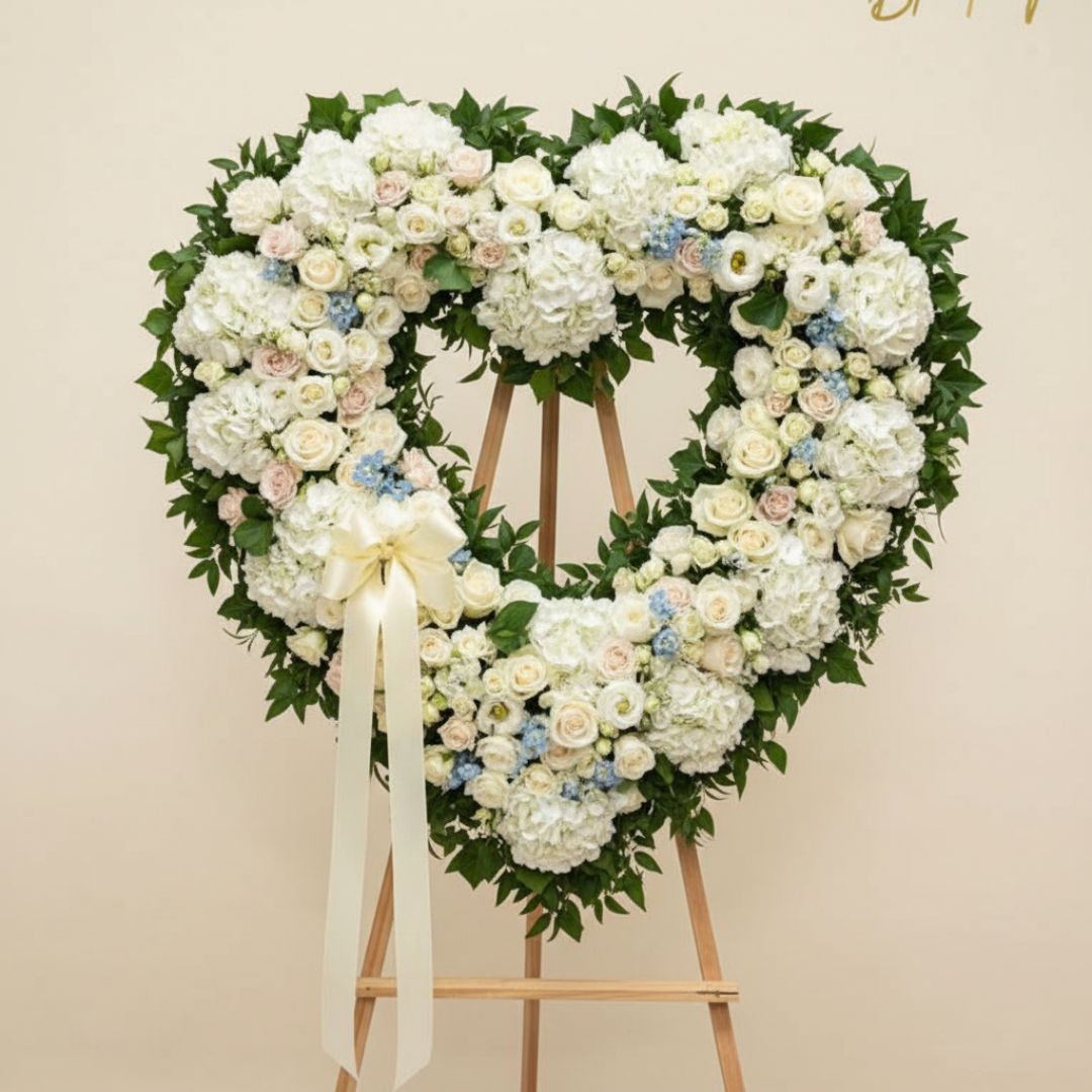 White Hydrangea Roses Sympathy Heart