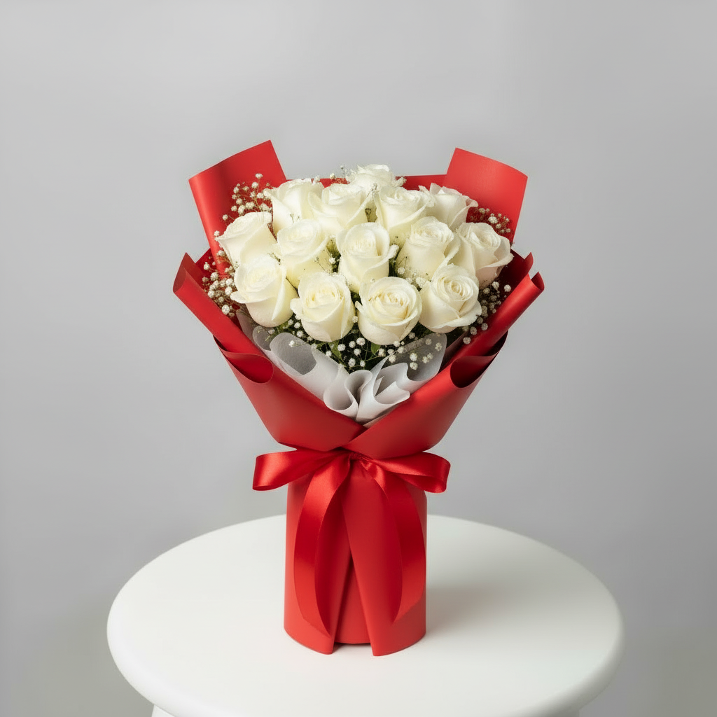White Roses Red Wrap Bouquet