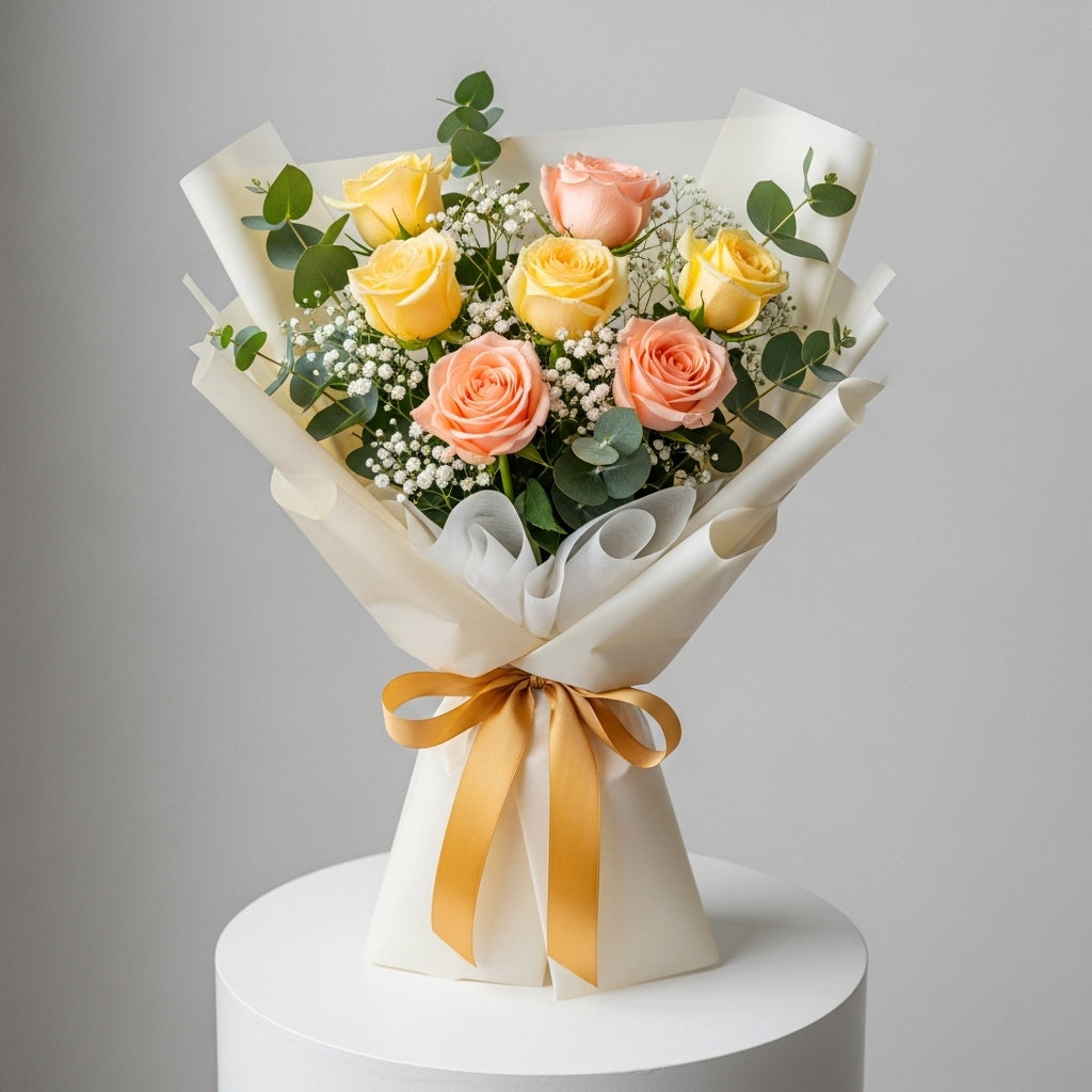 Yellow Pink Roses Basket Arrangement